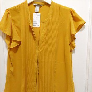 H&M Pintucked Pleated Mustard Yellow Blouse Sz 14 NWT